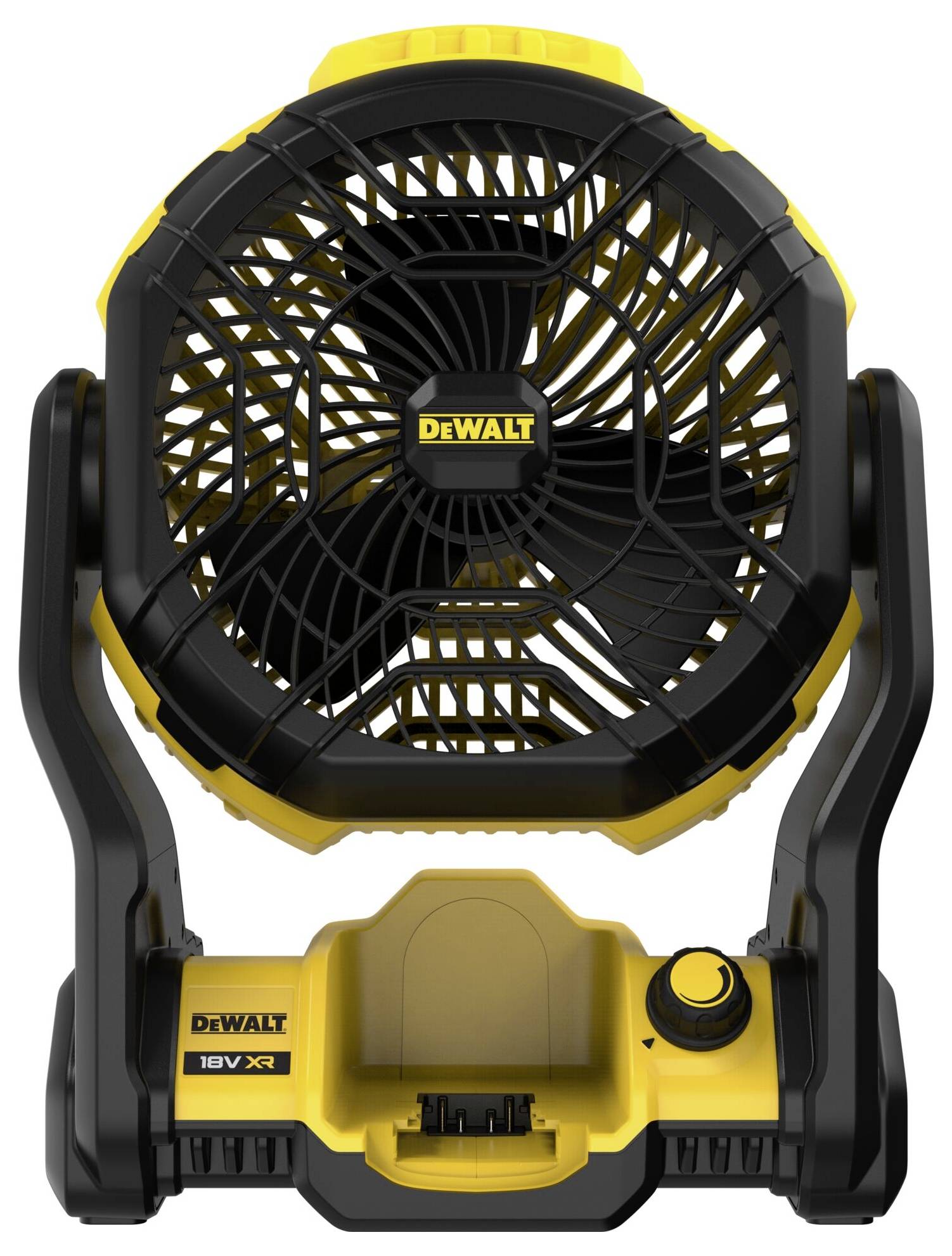 Přenosný žluto-černý ventilátor značky DeWalt, napájený 18V XR akumulátorem, s nastavitelným otočným regulátorem.