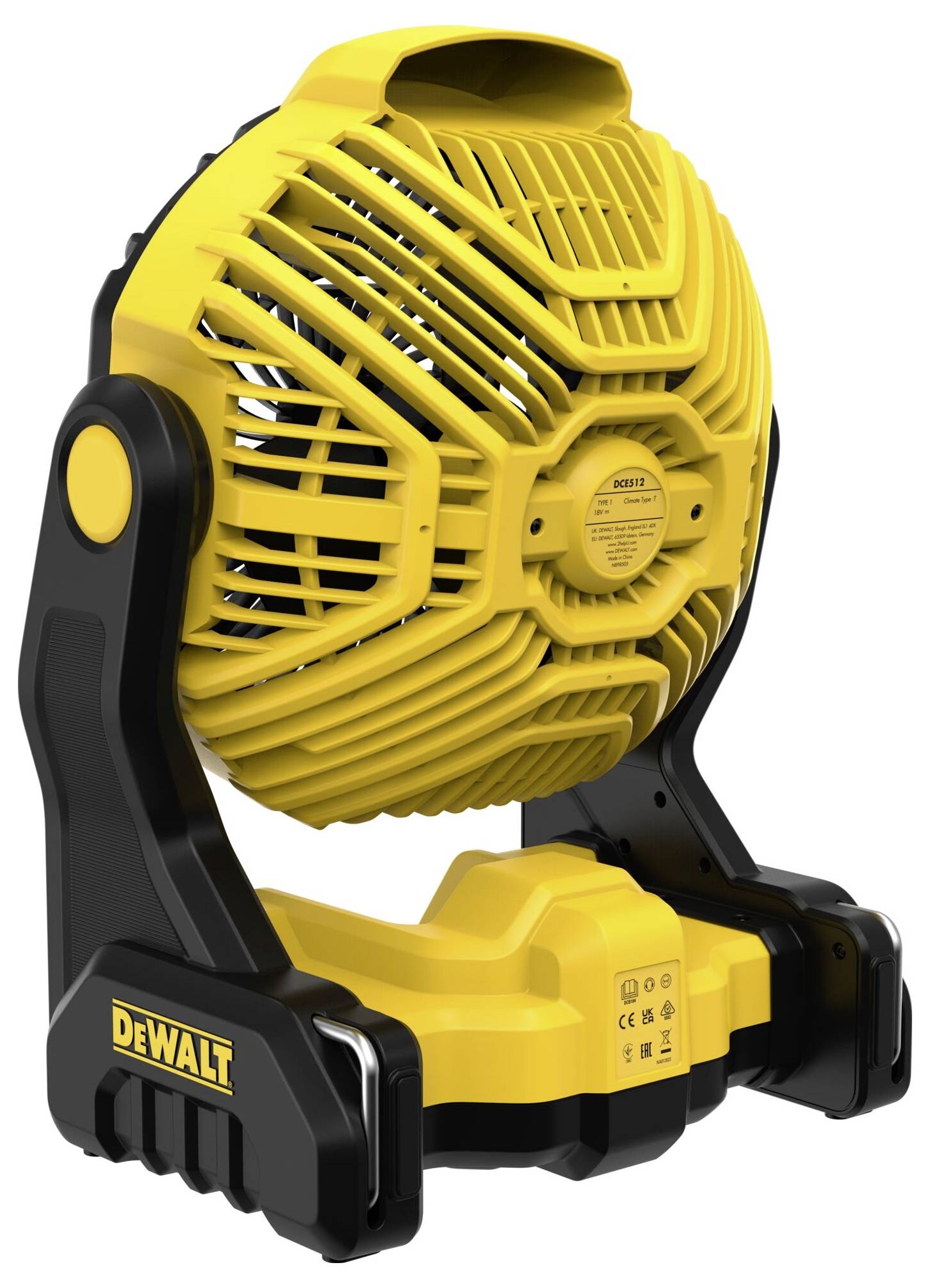 Žlutý přenosný ventilátor s černým stojanem. Logo značky 'DeWALT' viditelné dole. Zařízení je vhodné pro všestranné použití.