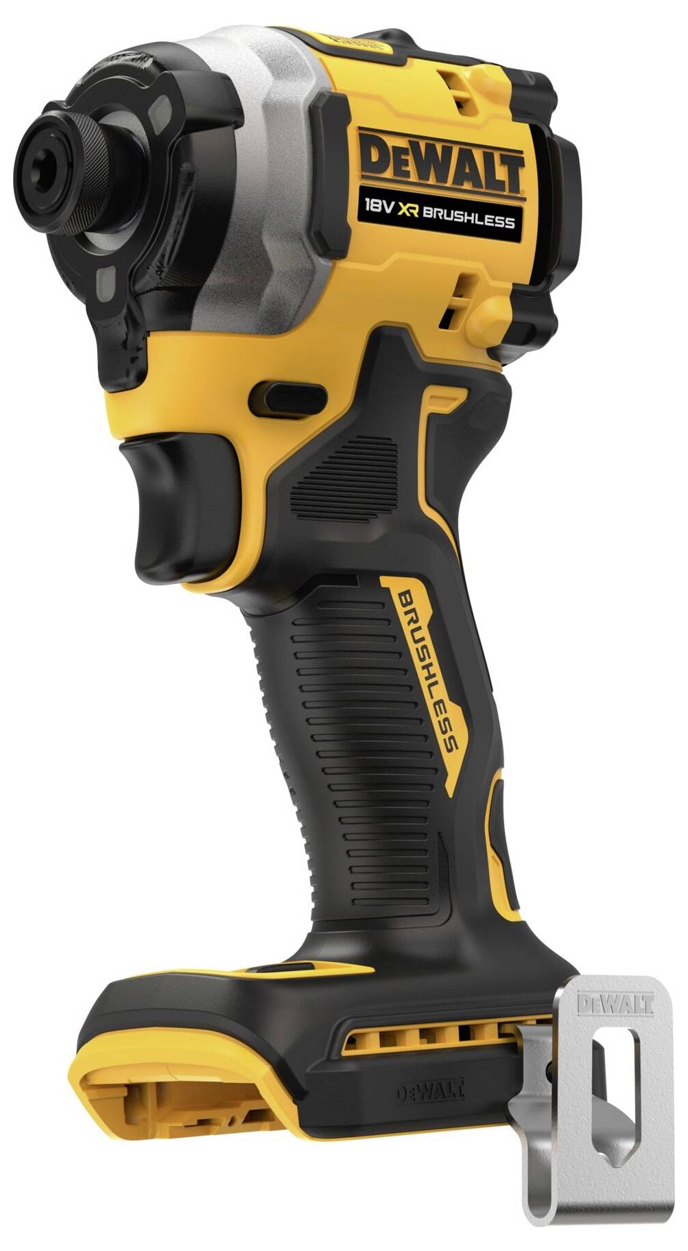 Rázový utahovák DeWALT, žluto-černý, model 18V XR Brushless. Kompaktní a zobrazen bez akumulátoru nebo příslušenství.