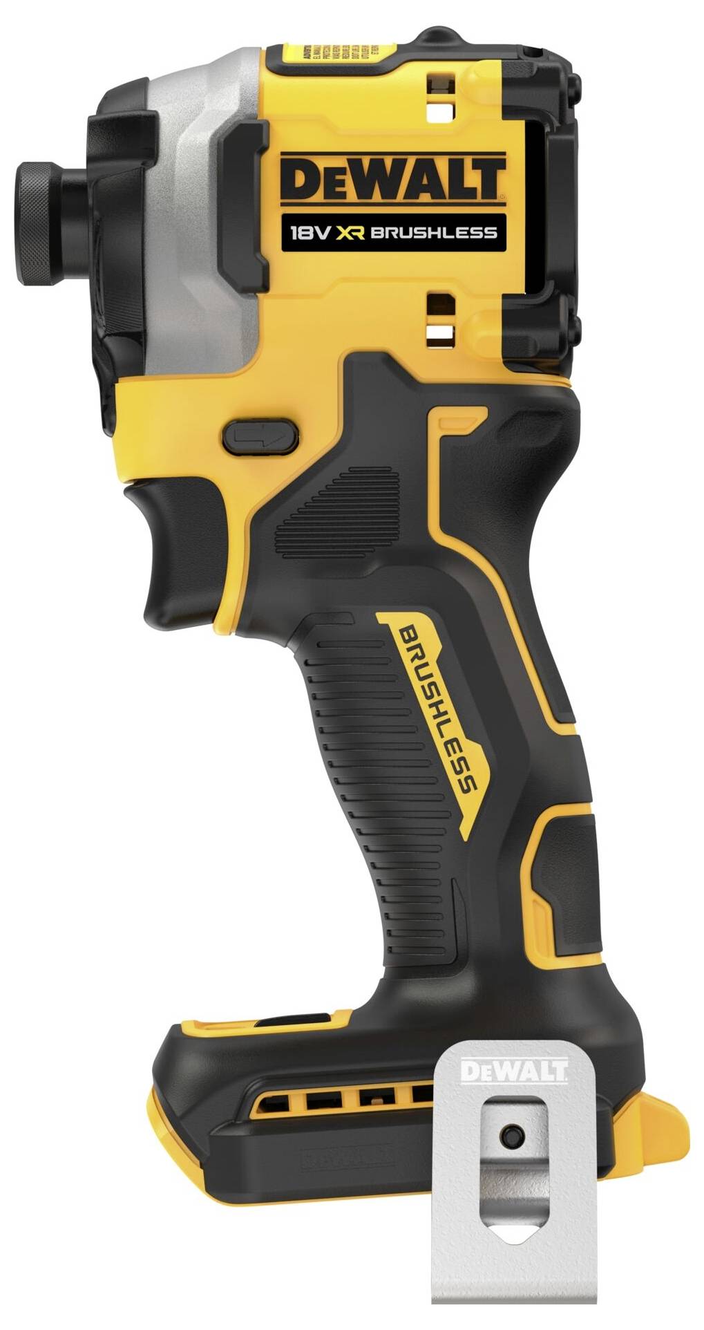 Rázový utahovák DeWALT v černé a žluté barvě, s bezuhlíkovým motorem, vykazuje robustní konstrukční provedení a ergonomický design.