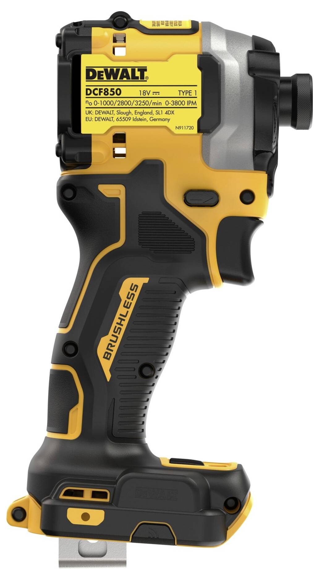 Žlutý a černý DeWalt akumulátorový rázový utahovák s modelovým číslem 'DCF850', kompaktní a ergonomicky navržený pro řemeslné práce.