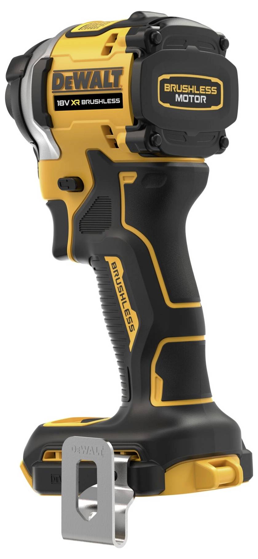Bezdrátový akumulátorový šroubovák značky DeWalt v černo-žluté barvě, vybavený 18V bezkartáčovým motorem, vhodný pro stavební a DIY práce.