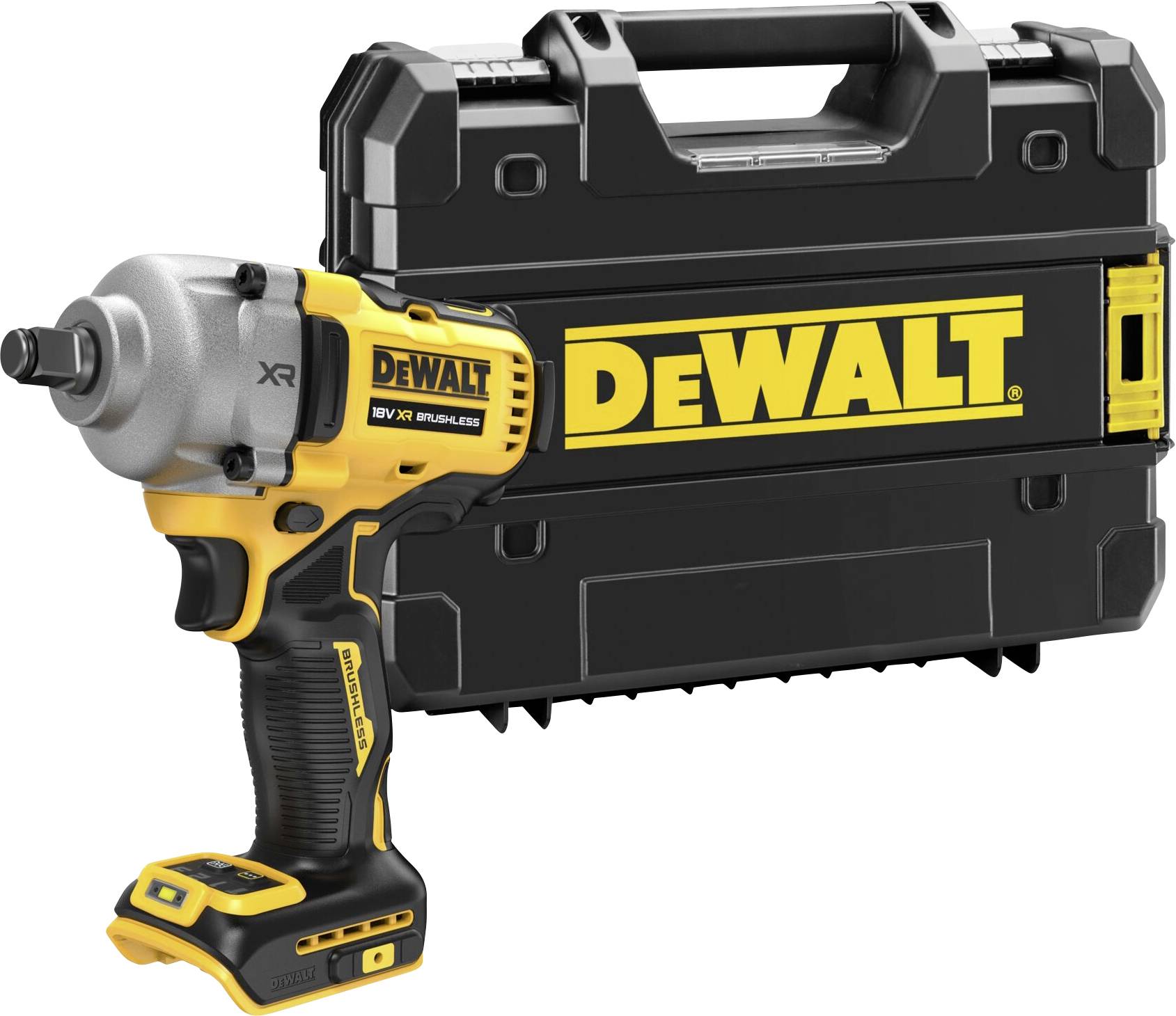 Akumulátorový rázový šroubovák značky DEWALT před černým servisním kufříkem. Hlavní charakteristika: bezdrátový, kompaktní, s ergonomickou rukojetí.