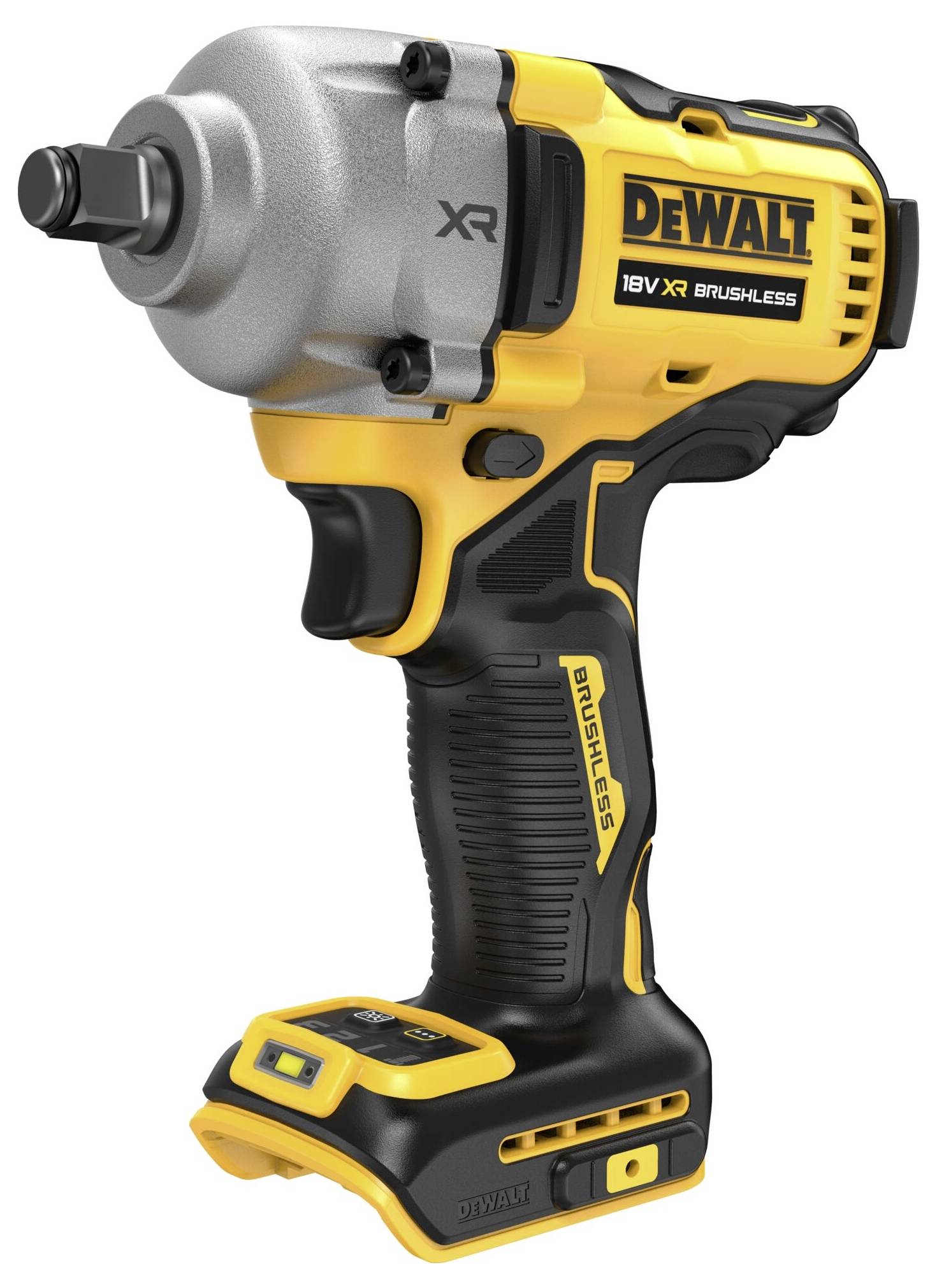 Žlutý a černý bezdrátový rázový utahovák značky DeWalt, model 18V XR Brushless.