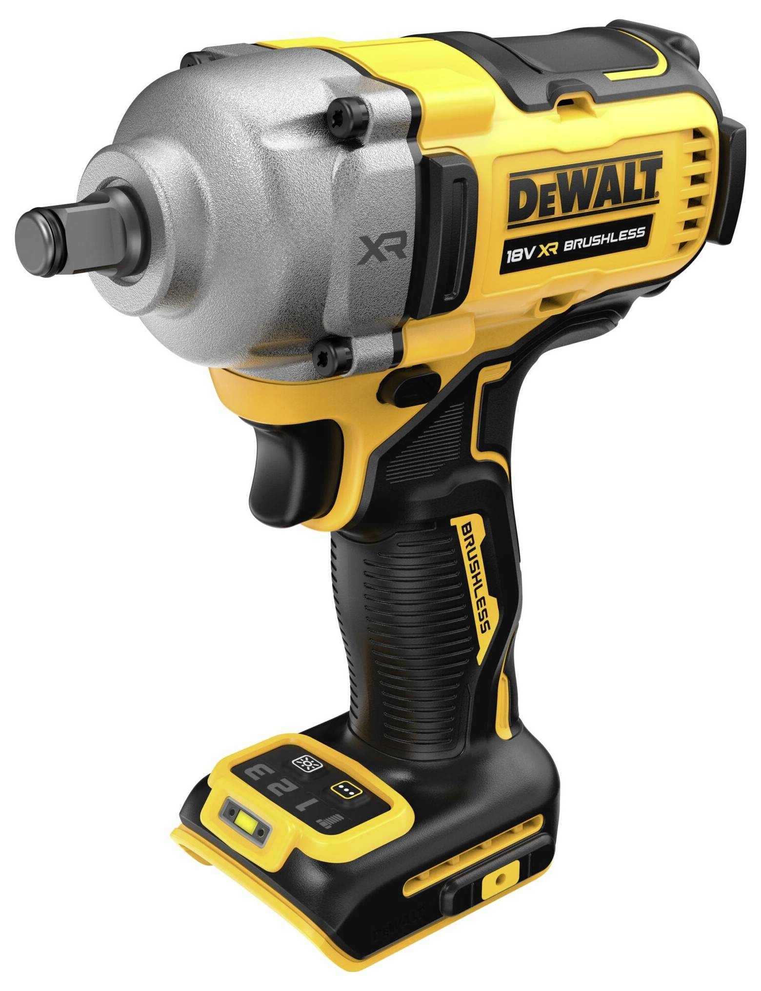 Akumulátorový rázový šroubovák v žluté a černé barvě s logem značky a nápisem '18V XR Brushless', stojící v profilem.