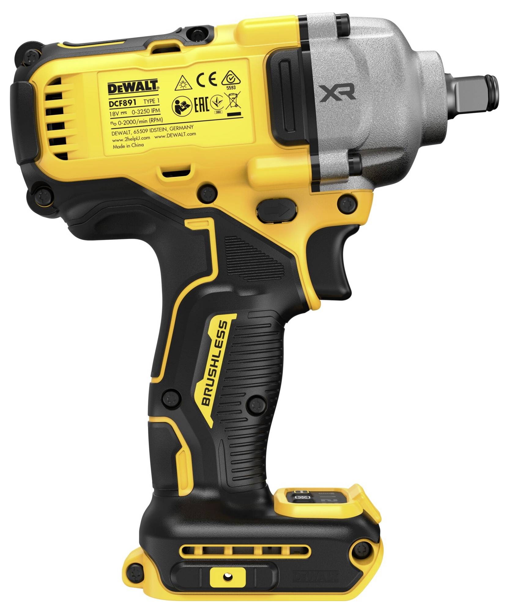 Žluto-černý bezdrátový rázový utahovák značky DEWALT, model DCF911, je zobrazen ve vzpřímené poloze.