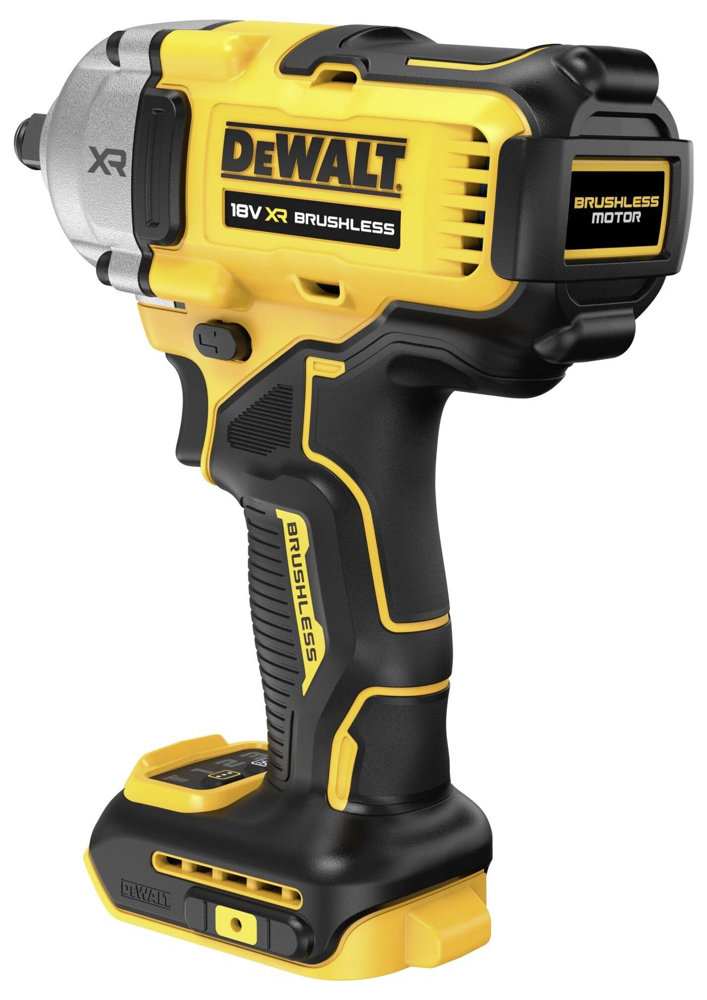 Akumulátorový šroubovák s žluto-černým designem, značka 'DeWalt', model '18V XR Brushless'. Ergonomická rukojeť pro pohodlné použití.