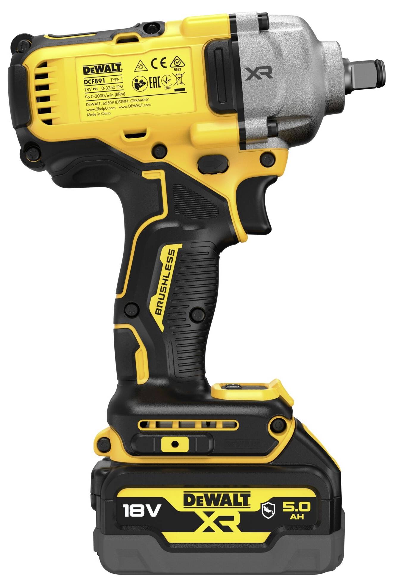Žluto-černý aku rázový utahovák DeWalt, model XR, je viditelný z boku. Disponuje akumulátorem 18V 5.0 Ah.
