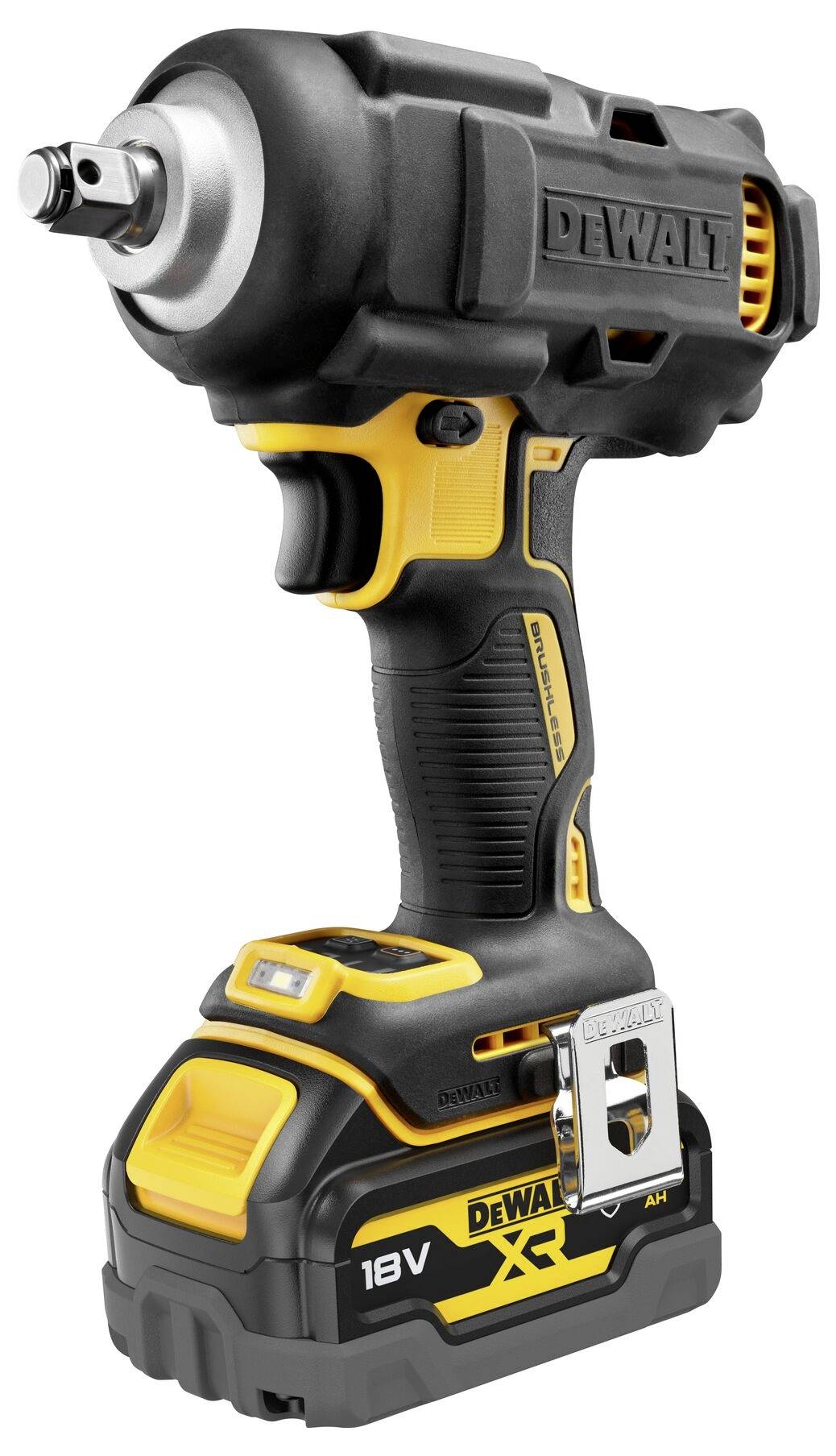 Bezdrátový akumulátorový šroubovák značky DeWalt, 18V, v černé a žluté barvě, s ergonomickou rukojetí a akumulátorem umístěným na spodní straně.