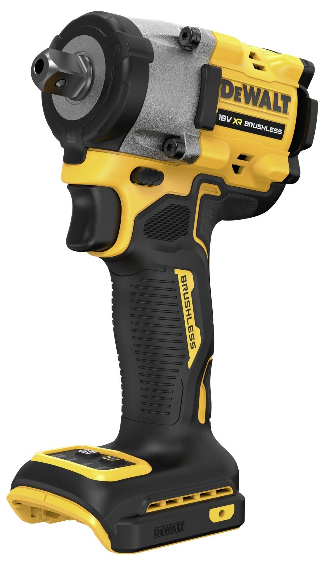 Žlutý a černý akumulátorový šroubovák značky DeWalt, model 18V XR Brushless, bez vloženého akumulátoru.
