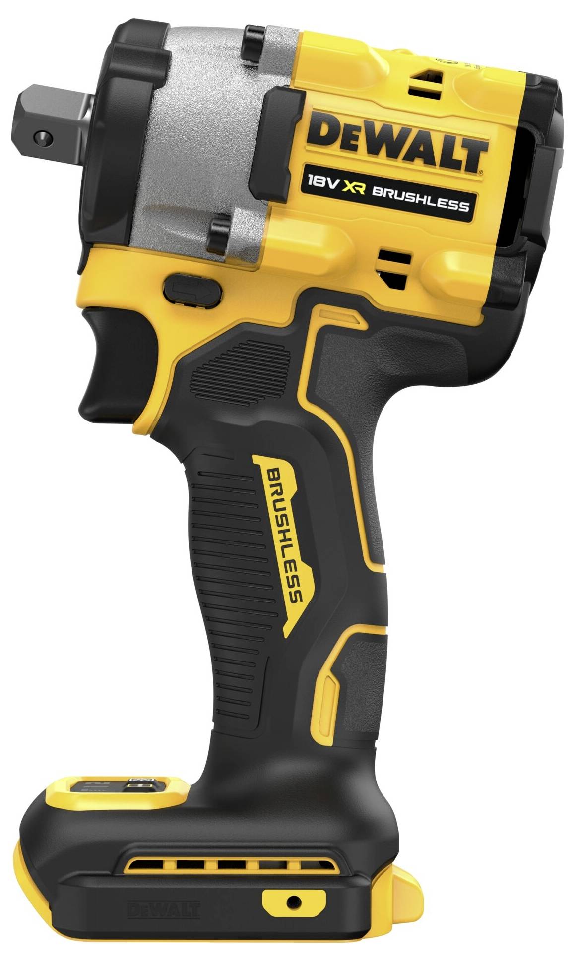 Akumulátorový rázový šroubovák značky DeWalt, model 18V XR Brushless, v žluté a černé barvě. Nástroj pro stavební a montážní práce.