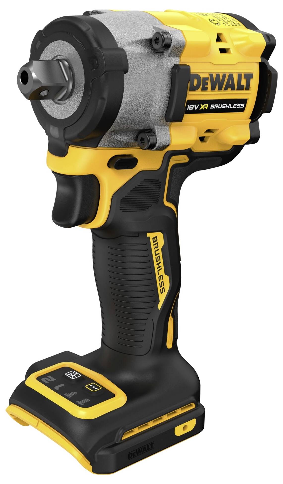 Žlutý a černý akumulátorový příklepový šroubovák značky DeWalt s bezkartáčovým motorem, ergonomickou rukojetí a pohonem 18V.