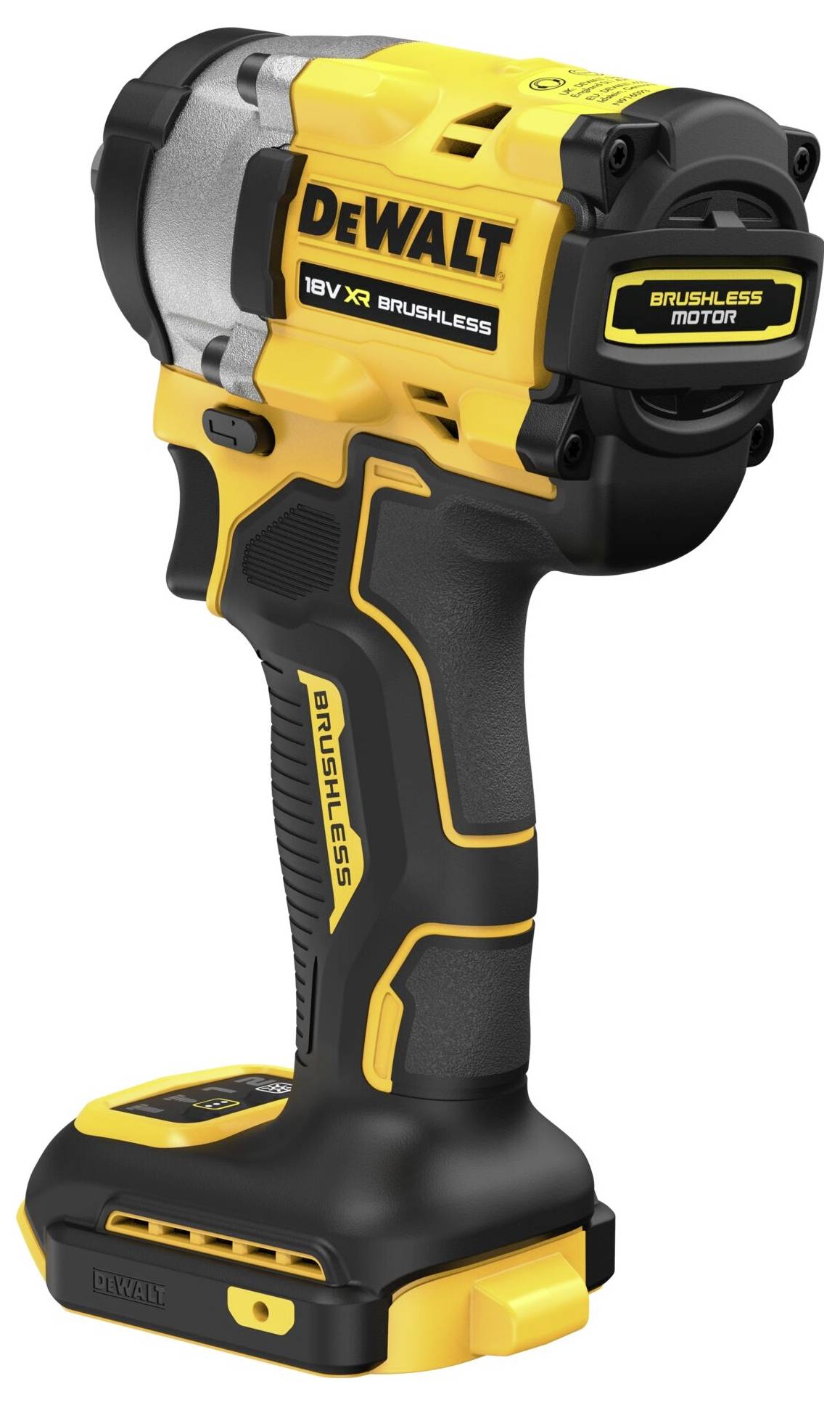 Žlutý a černý bezdrátový DeWalt 18V XR rázový utahovák s bezkartáčovým motorem, ergonomickou rukojetí a kompaktní konstrukcí.
