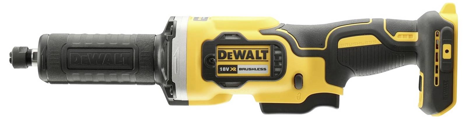 Žlutá a černá úhlová bruska značky DeWalt s 18V akumulátorem. Zařízení má ergonomický design a gumový úchop pro lepší uchopení.
