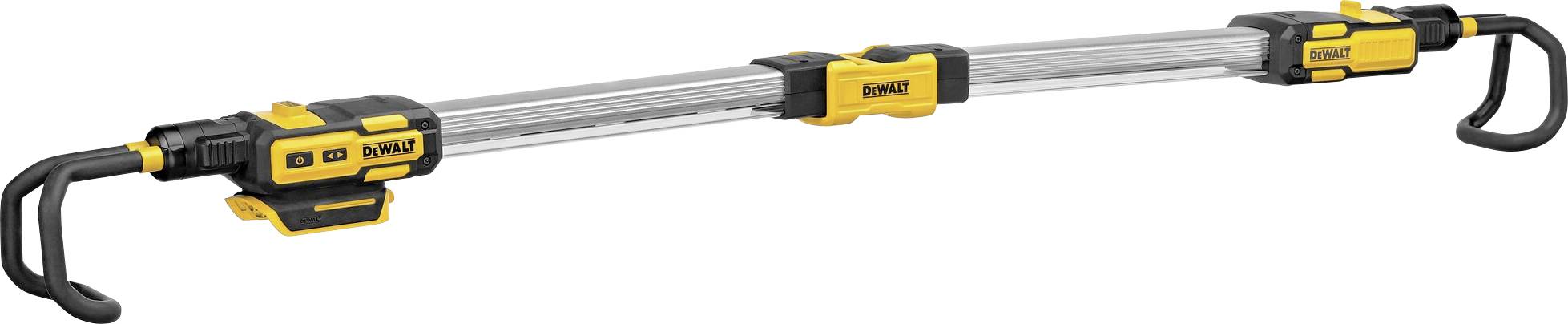 Žluto-černá LED lampa DeWalt s háky na obou koncích, ideální pro osvětlení pracovních prostorů.