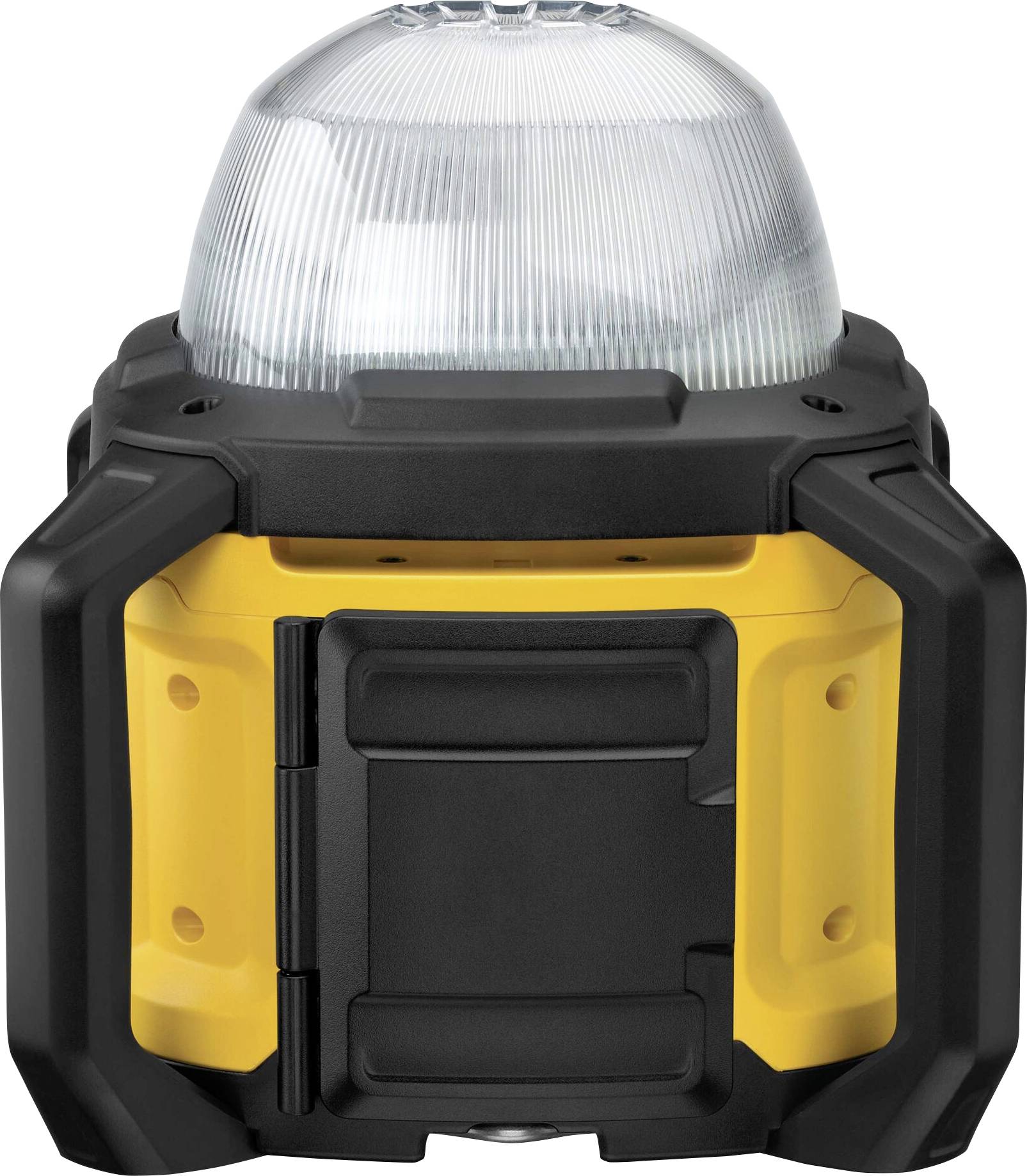 Přenosná lampa s robustním žluto-černým pouzdrem. Nahoře se nachází průhledný, vypouklý kryt.