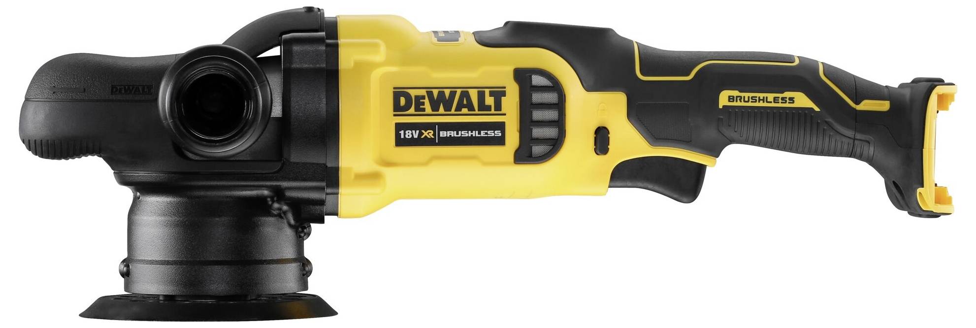 Aku úhlová bruska značky Dewalt v černo-žlutém designu, zobrazená z boku. Model s bezkartáčovým motorem pro efektivní práci.