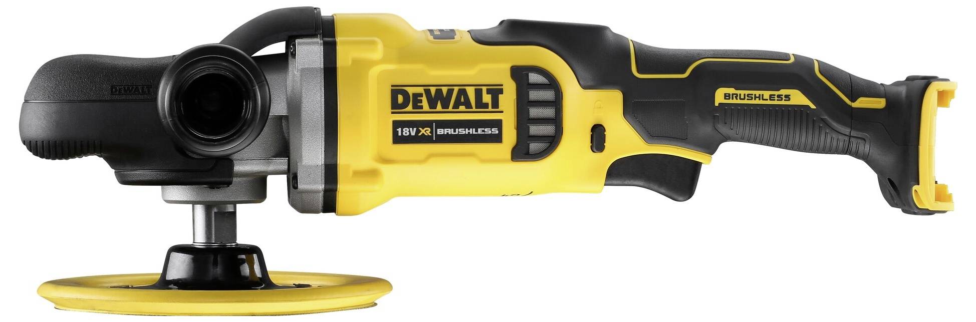 Elektrická úhlová bruska značky DeWalt v žluté a černé barvě leží klidně na boku. Zařízení je napájeno akumulátorem.