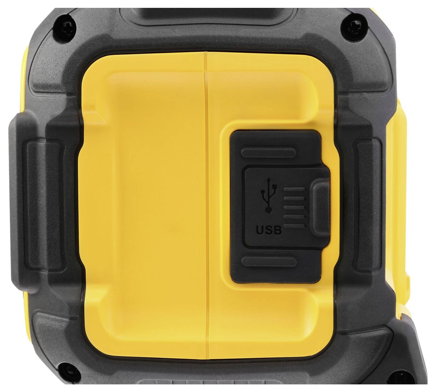 Žluté zařízení s černým USB portem, pravděpodobně nabíječka nebo zdroj energie.