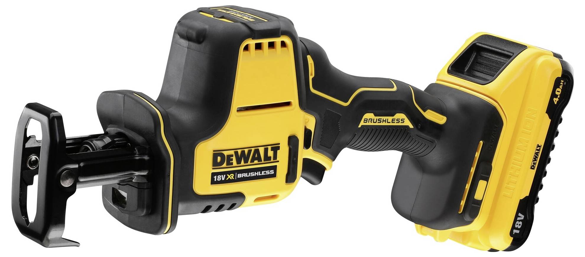 Aku-šavlová pila DeWalt, žluto-černá, 18V, bezuhlíkový motor, ergonomický design, vhodná pro různé řezací práce.