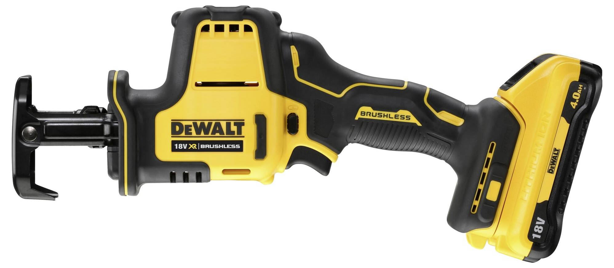 Bezdrátová přímočará pila značky DeWalt s 18V XR akumulátorem. Je černožluté barvy, leží vodorovně a je na ní nápis 'Brushless'.