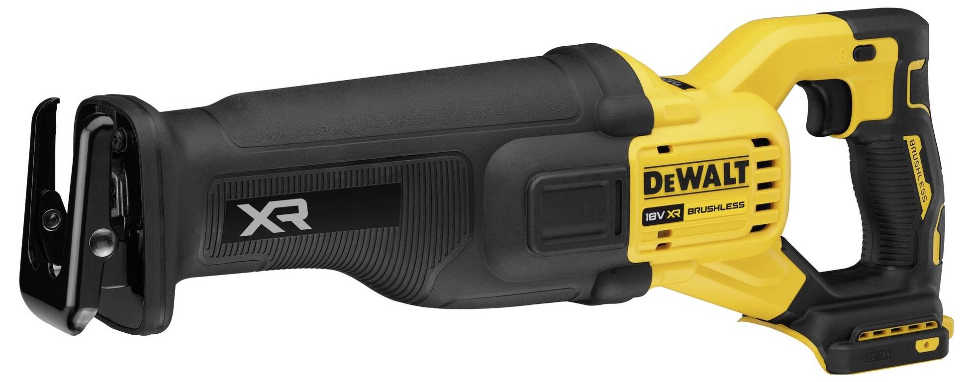Aku-šavlová pila v černé a žluté barvě, značky DeWalt. Je bezdrátová s ergonomickou rukojetí, vhodná pro všestranné řezací práce.