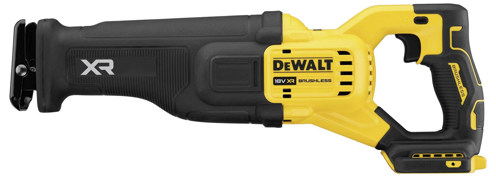 Akumulátorová pila v žluté a černé barvě s nápisem 'DeWALT XR Brushless'.