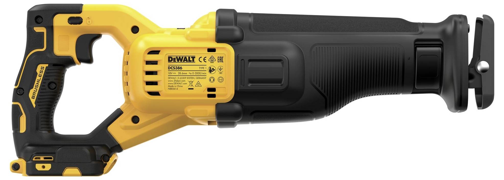 Akumulátorová šavlová pila v žluté a černé barvě, vyobrazena značka. Ideální pro staveniště nebo domácí DIY projekty.