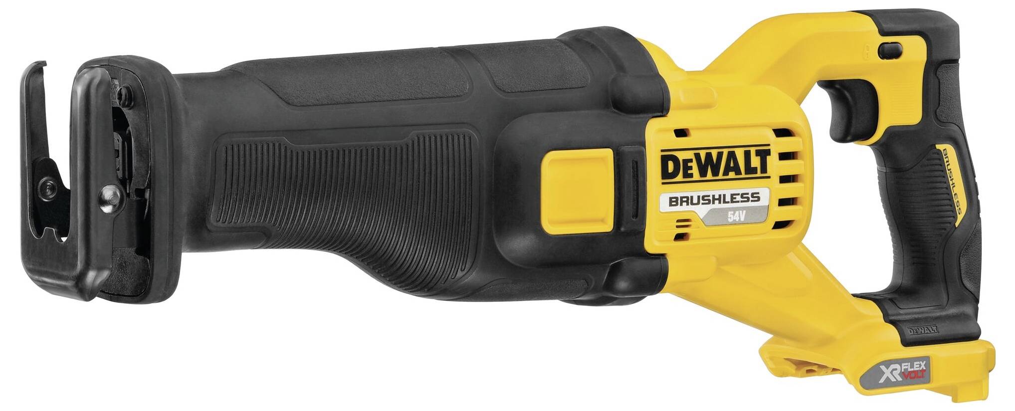 Akumulátorová mečová pila v žluté a černé barvě s logem 'DeWalt'; ergonomický design, vhodný pro náročné řezací práce.
