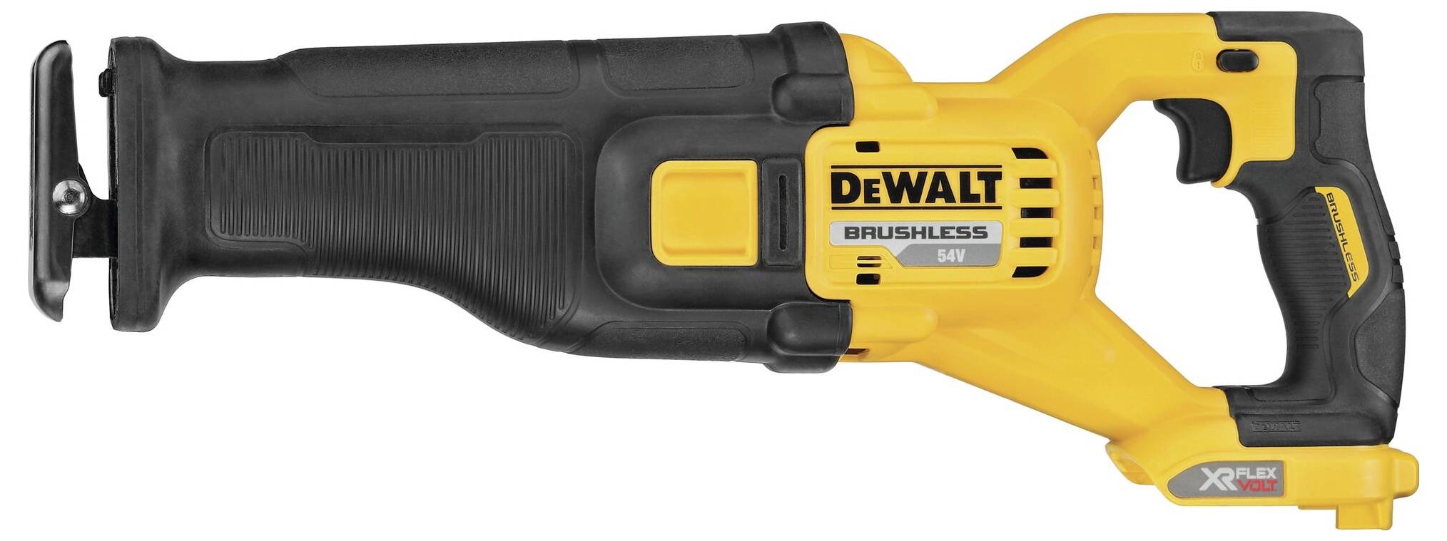 Žluto-černá akumulátorová pila ocaska značky DeWalt, model Brushless 54V, ideální pro stavební a DIY práce.