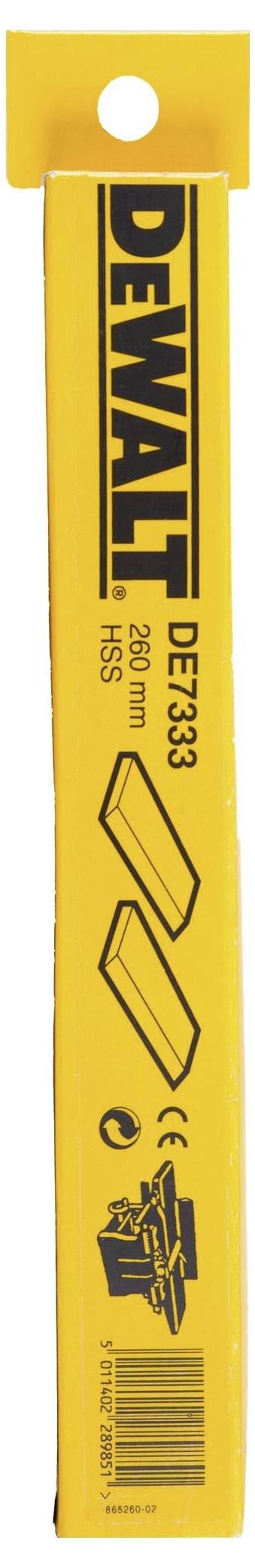 Žlutý obal společnosti 'DEWALT' s nápisem 'DE9332' a '260 mm'. Zobrazuje dva obdélníkové listy a symbol pily.