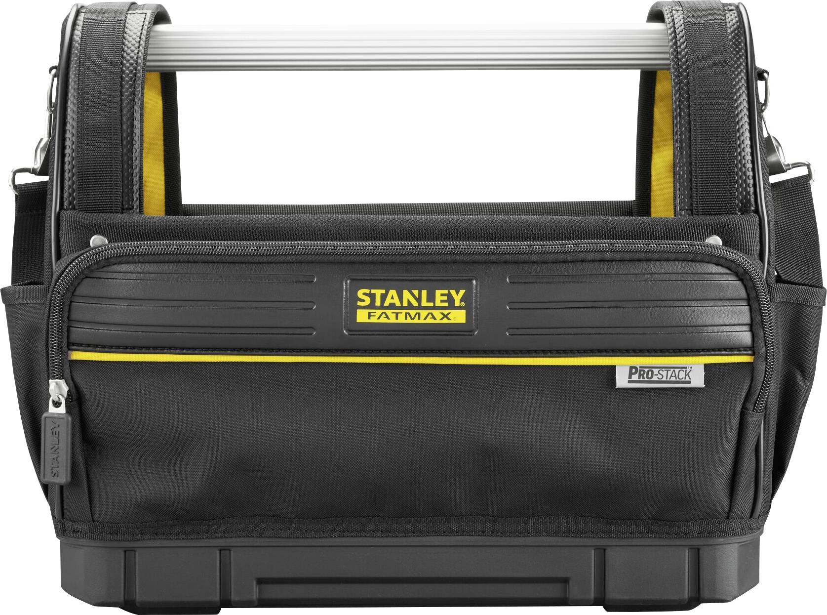 Černá brašna na nářadí s hliníkovou rukojetí, žlutými akcenty a zipem. Nese logo 'Stanley Fatmax Prostack'.