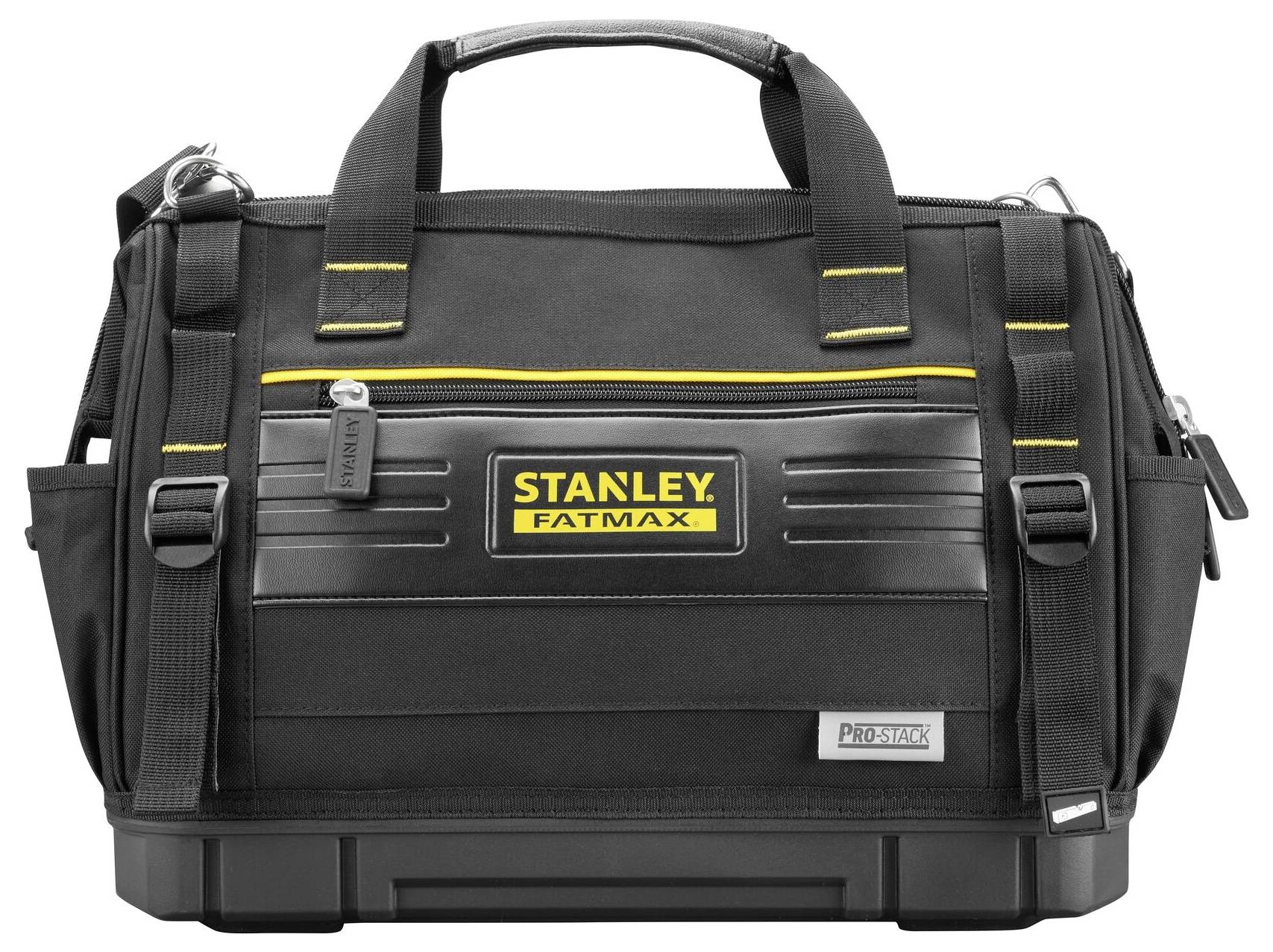 Černá nářaďová brašna Stanley FatMax se žlutými akcenty, robustní rukojetí a mnoha kapsami pro nářadí.