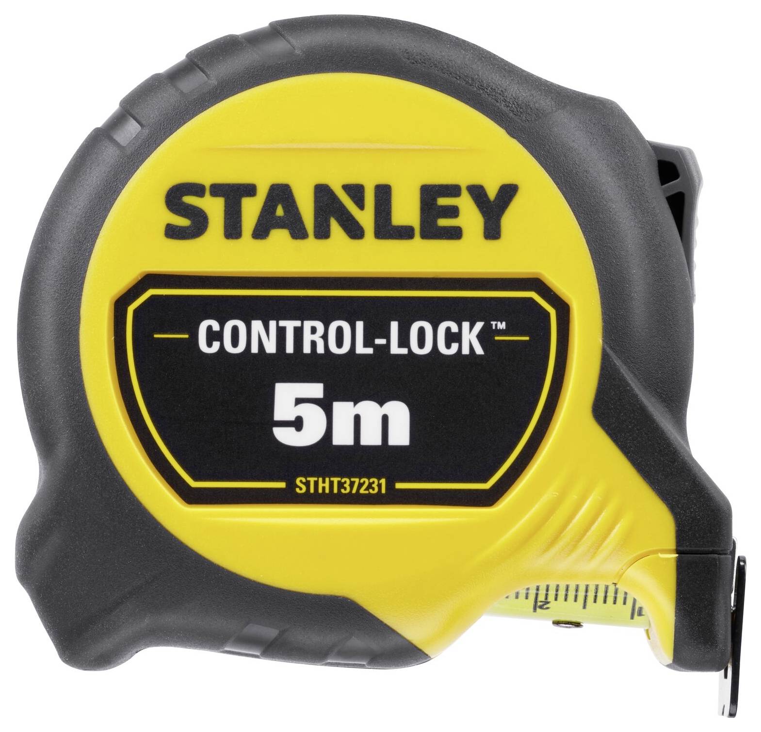 Žluté měřicí pásmo s nápisem 'Stanley Control-Lock 5m'.