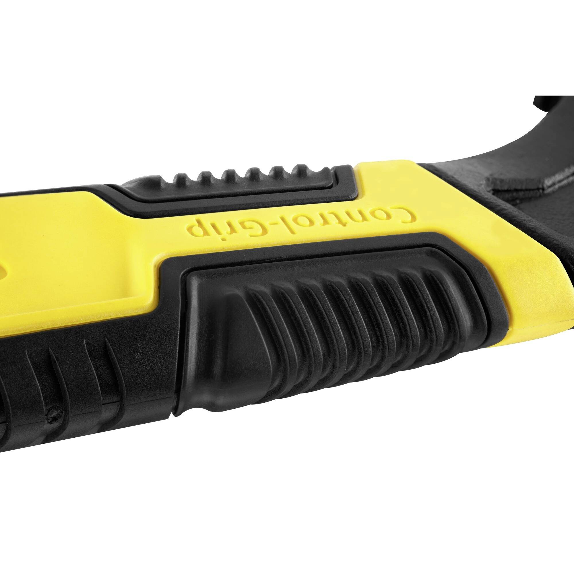 Černožlutá rukojeť nástroje s nápisem 'control grip'. Design vypadá ergonomicky s protiskluzovým povrchem.