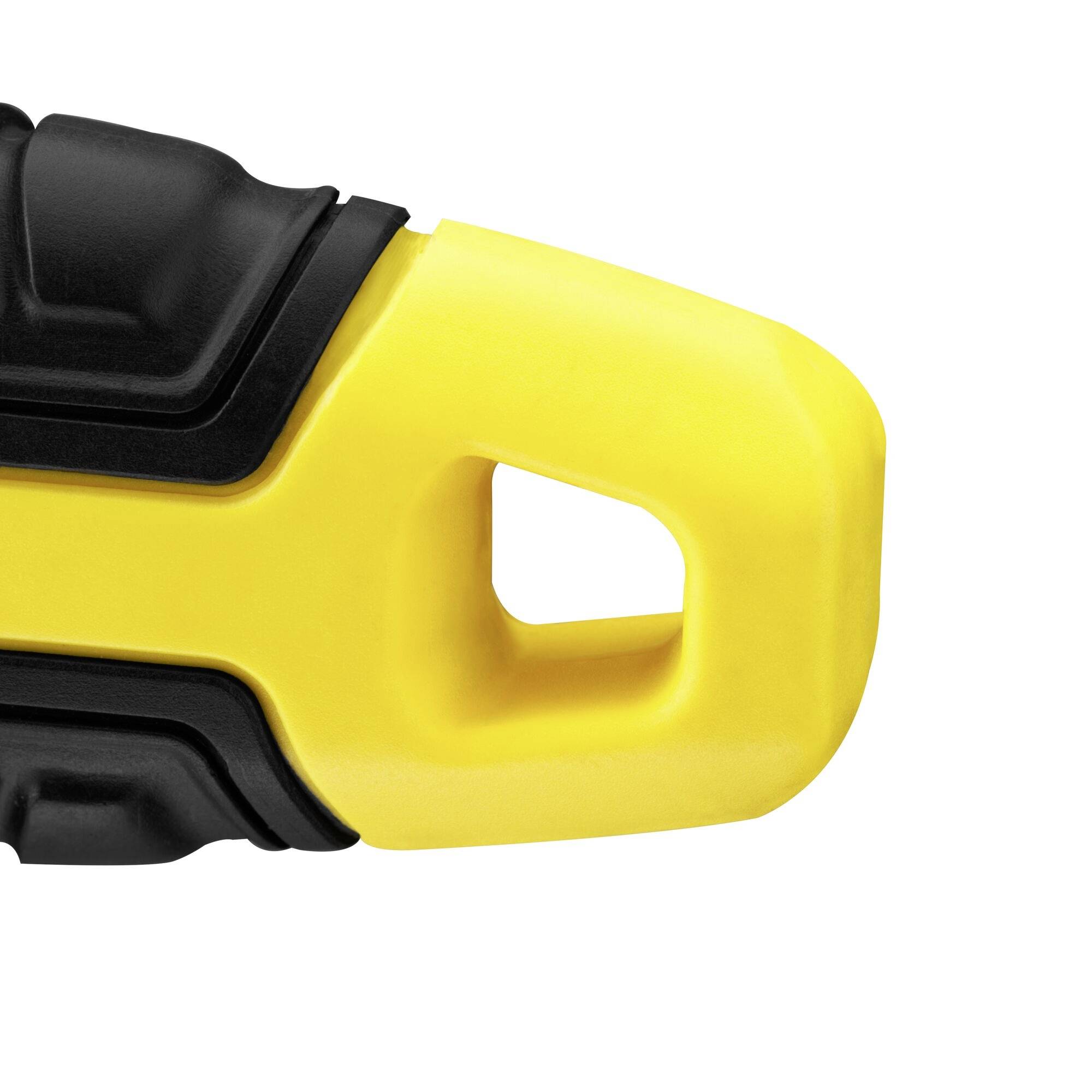 Žlutě a černě zbarvená plastová rukojeť s ergonomickým designem a otvorem, pravděpodobně jako součást nějakého nástroje nebo zařízení.