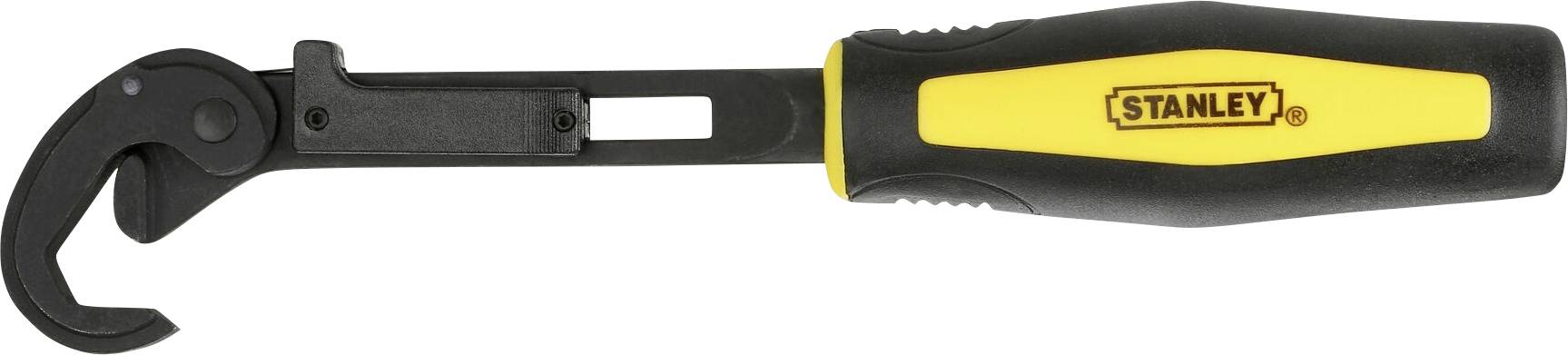 Černý a žlutý univerzální otvírač na konzervy se ergonomickou rukojetí a hákovým mechanismem. Značka: Stanley.
