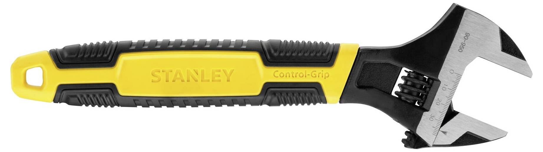 Nastavitelný klíč se žlutou rukojetí a černou gumovou rukojetí značky 'Stanley ControlGrip'.