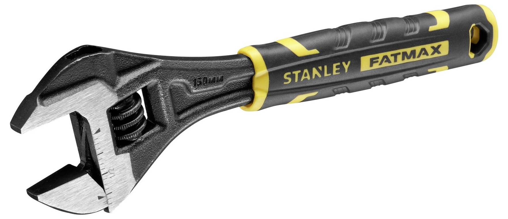 Nastavitelný francouzský klíč značky Stanley Fatmax s černou a žlutou rukojetí, vhodný pro různé velikosti matic.