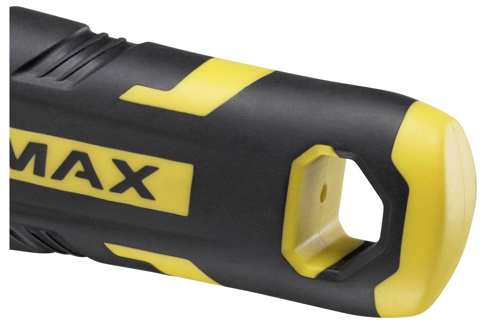 Černožluté nářadí s žlutou rukojetí a otvorem na jednom konci. Na rukojeti je viditelný text 'MAX'.