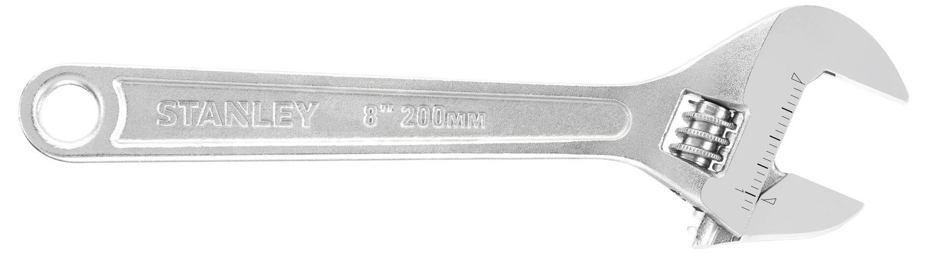 Nastavitelný francouzský klíč s gravírováním '6" 20mm', označený logem 'Stanley', vyrobený z kovu, s drážkovaným koncem pro proměnlivé velikosti šroubů.