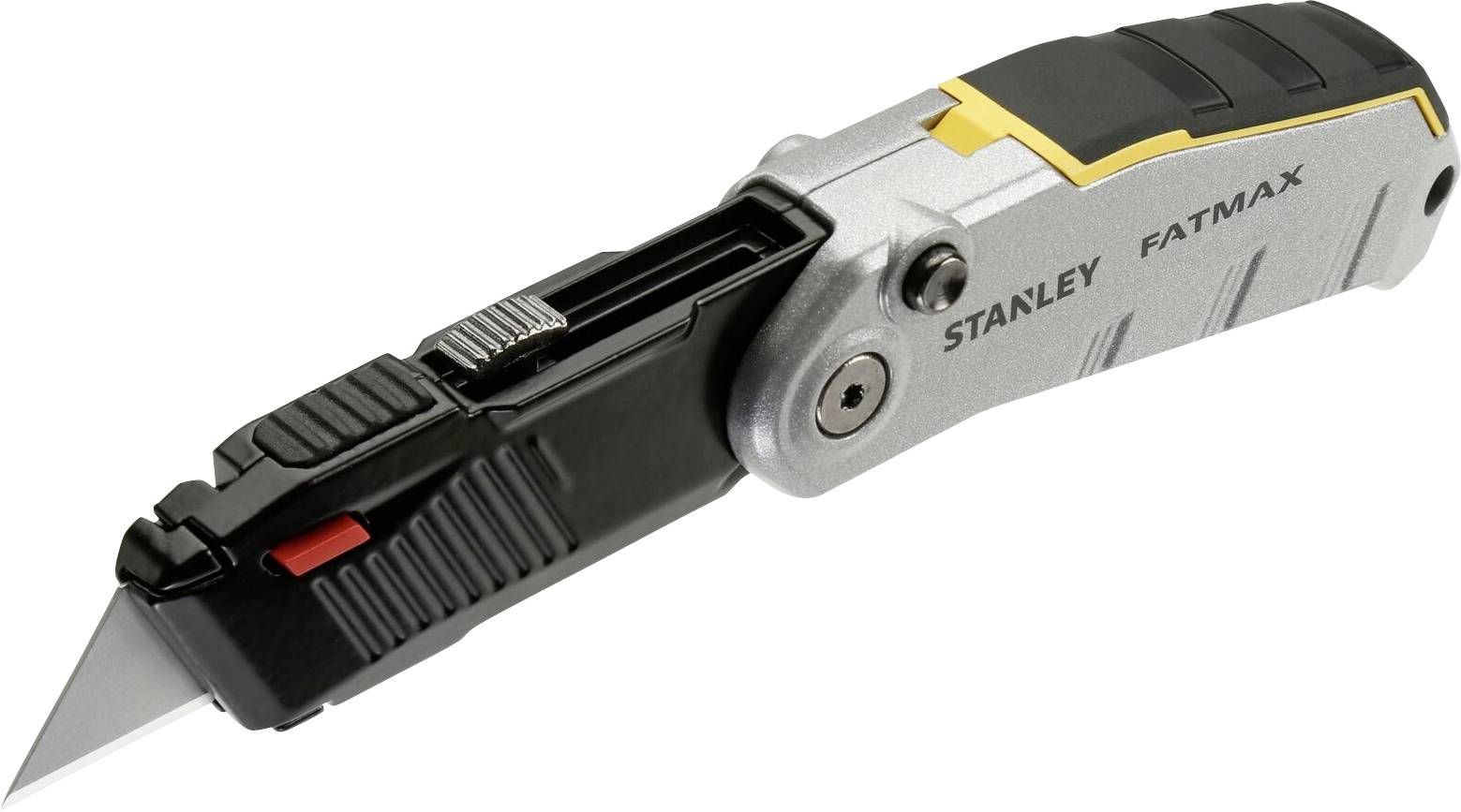 Stříbrný universální nůž Stanley FatMax s černou rukojetí a červeným posuvníkem.