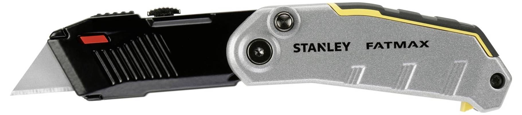 Skládací víceúčelový nůž 'Stanley FatMax' s ergonomickou rukojetí a nerezovou čepelí, vhodný pro přesné řezání.
