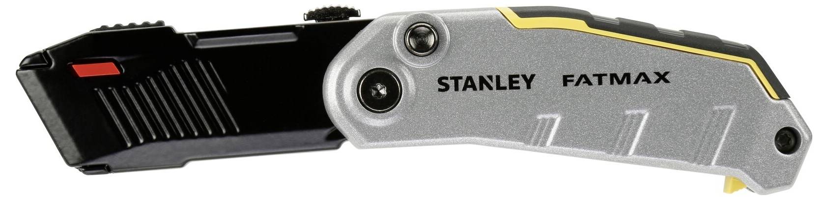 Černý a stříbrný kapesní zavírací nůž značky Stanley Fatmax, vhodný pro řemeslné práce a řezání.