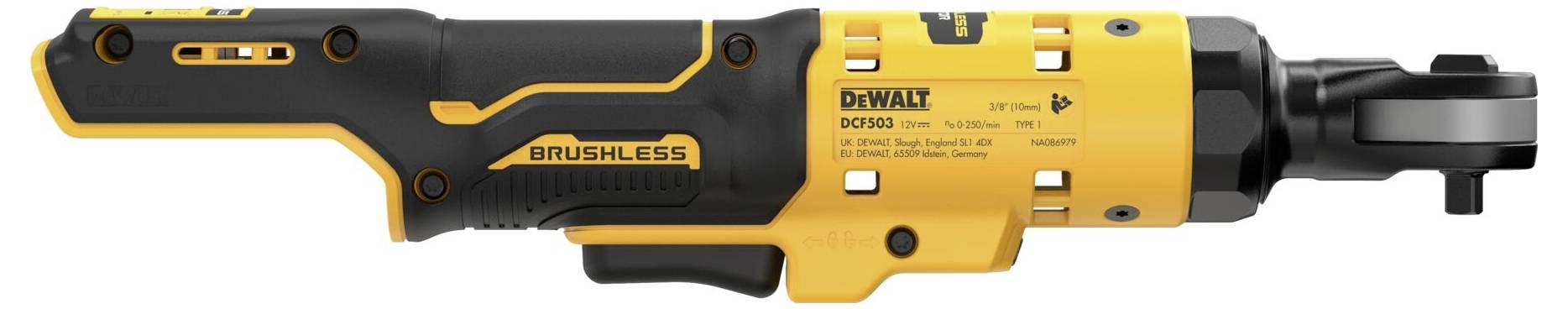 Elektrické nářadí v černé a žluté barvě s nápisem 'BRUSHLESS'. Otočná hlava a ergonomická rukojeť.