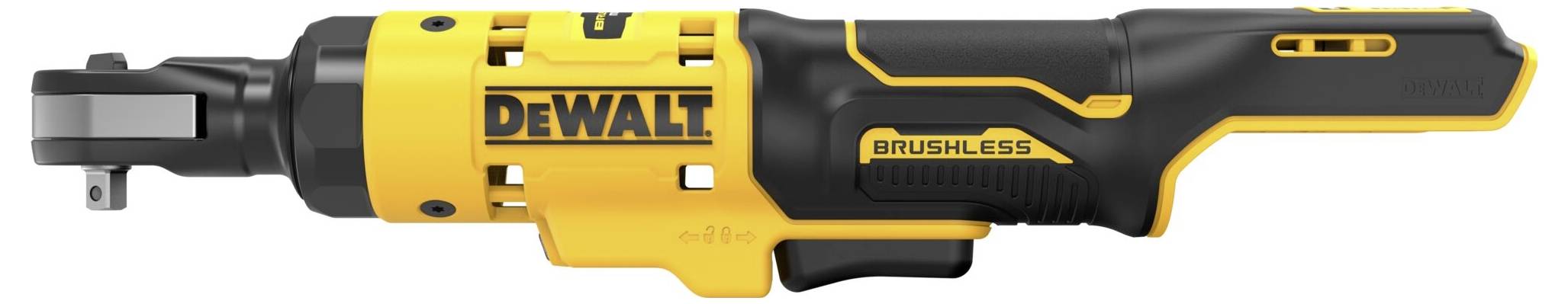 Akumulátorové nářadí v černo-žluté barvě, s logem 'DeWalt' a nápisem 'Brushless', vhodné pro profesionální použití.