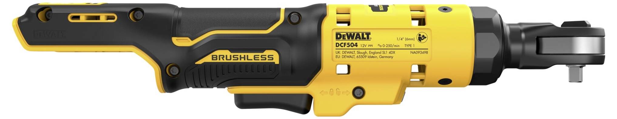 Akkurat 90stupňový elektrický rázový šroubovák, žluto-černý, s označením 'Brushless'. Hlavní charakteristika: kompaktní pro těsné prostory.