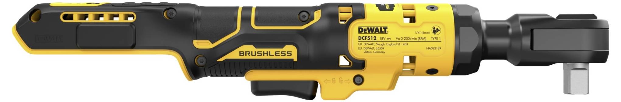Akumulátorový úhlový rázový utahovák v černé a žluté barvě s označením 'BRUSHLESS' na straně. Vytištěný název značky a model.