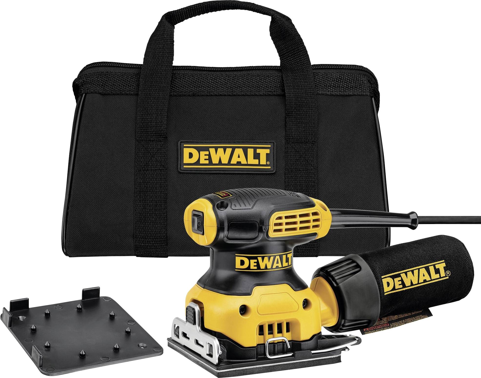 Bruska DeWALT s přepravní taškou a příslušenstvím, vhodná pro domácí projekty a profesionální práce.