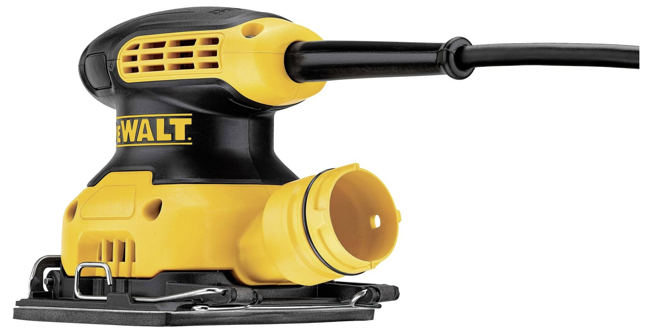 Žlutá elektrická bruska DeWalt s čtvercovou brusnou plochou a černou rukojetí, ležící na bílém povrchu.